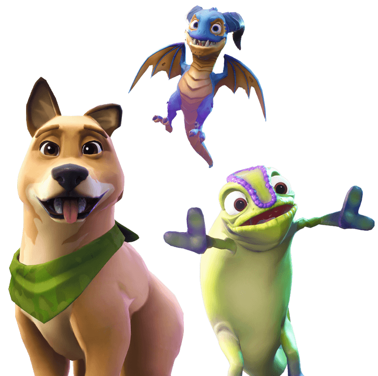 dog, dragon, and chamelion
       pets from Fortnite