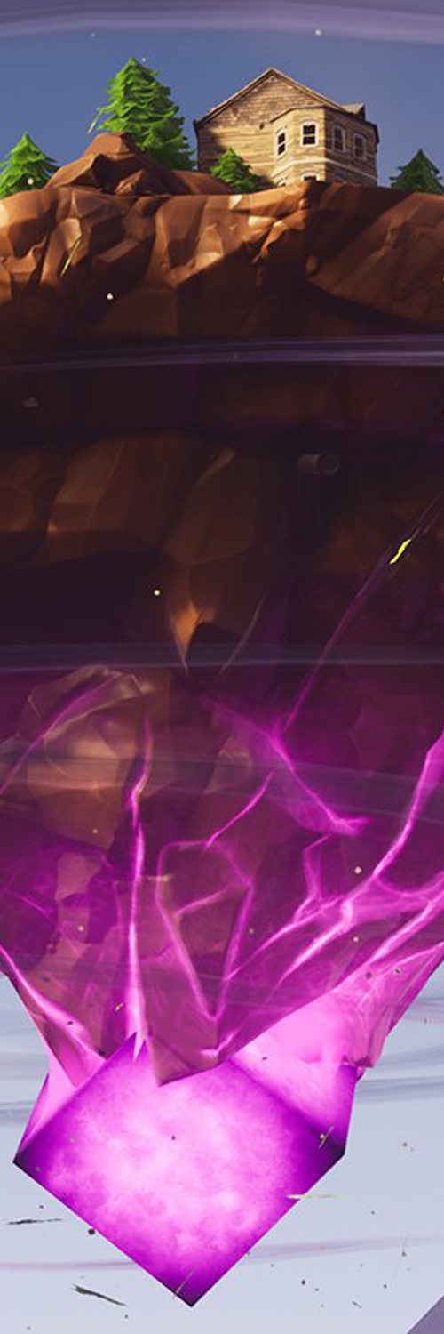 Fortnite's
 loot lake island lifted up in the sky with the purple cube engulfed in the bottom